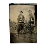 Young Man with (Iver Johnson?) Bike and Painted Trees, Antique Tintype