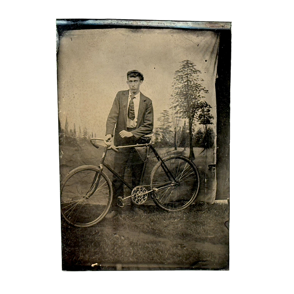Young Man with (Iver Johnson?) Bike and Painted Trees, Antique Tintype