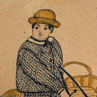 Boy on Donkey, Antique Naive Colored Ink / Gouache Drawing