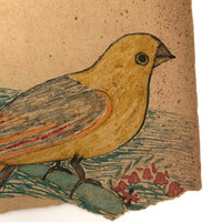Pair of Birds, Antique Naive Colored Ink / Gouache Drawing
