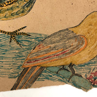 Pair of Birds, Antique Naive Colored Ink / Gouache Drawing