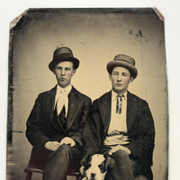 Fancy Young Men with Attitude and Handsome Dog, Hand-tinted Antique Tintype