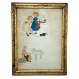 Girls and their Pets, Very Charming Early-Mid Century Watercolor in Period Lemon Gold Frame with Original Glass