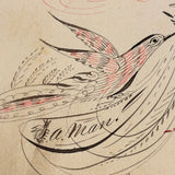Truly Your Friend, Bird and Tiny Bug, Spencerian Red and Black Ink Calligraphy Autograph Album Page, 1884