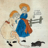Girls and their Pets, Very Charming Early-Mid Century Watercolor in Period Lemon Gold Frame with Original Glass