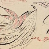 Truly Your Friend, Bird and Tiny Bug, Spencerian Red and Black Ink Calligraphy Autograph Album Page, 1884