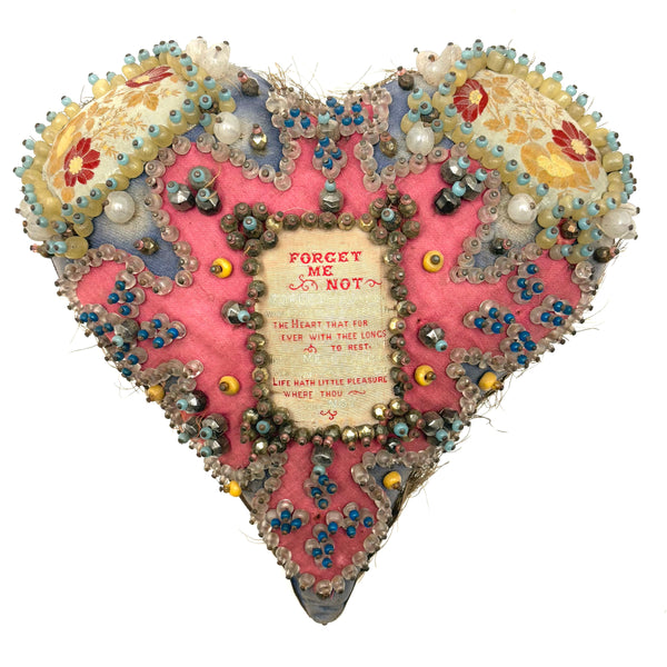 Forget Me Not, Large, Early 20th Century Soldier Made Heart Shaped Folk Art "Sweetheart" Pin Cushion