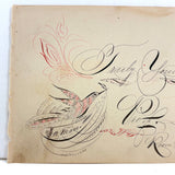 Truly Your Friend, Bird and Tiny Bug, Spencerian Red and Black Ink Calligraphy Autograph Album Page, 1884