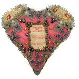Forget Me Not, Large, Early 20th Century Soldier Made Heart Shaped Folk Art "Sweetheart" Pin Cushion