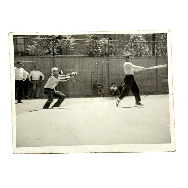 Catcher, Swinging Batter  and Watchers, Lovely c. 1940s Snapshot Photo