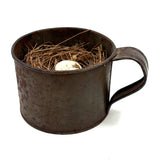 19th Century Tin Cup with Bird's Nest and Spotted Quail Egg, As Found in Maine