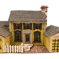 Elaborate Wood and Cardboard Folk Art Yellow House with Garage