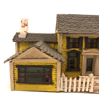 Elaborate Wood and Cardboard Folk Art Yellow House with Garage