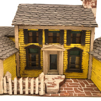 Elaborate Wood and Cardboard Folk Art Yellow House with Garage
