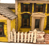 Elaborate Wood and Cardboard Folk Art Yellow House with Garage