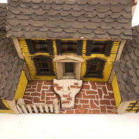 Elaborate Wood and Cardboard Folk Art Yellow House with Garage