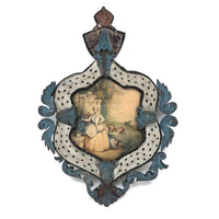 SOLD Unusual Antique Painted Tinwork Frame with Continental Watercolor Drawing