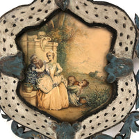 SOLD Unusual Antique Painted Tinwork Frame with Continental Watercolor Drawing