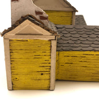Elaborate Wood and Cardboard Folk Art Yellow House with Garage