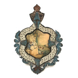 SOLD Unusual Antique Painted Tinwork Frame with Continental Watercolor Drawing