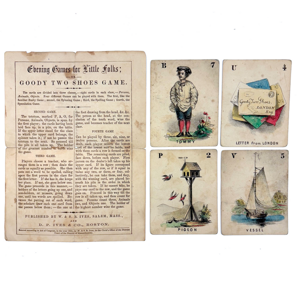 1853 W.& S.B.Ives, Salem MA Goody Two Shoes Parlor Game - 4 Cards + Instructions (Among the Earliest Parlor Games)