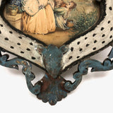 SOLD Unusual Antique Painted Tinwork Frame with Continental Watercolor Drawing