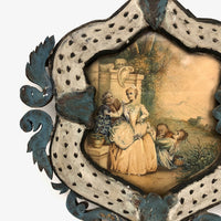 SOLD Unusual Antique Painted Tinwork Frame with Continental Watercolor Drawing