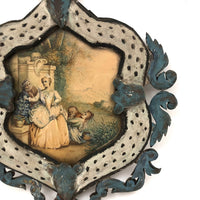 SOLD Unusual Antique Painted Tinwork Frame with Continental Watercolor Drawing