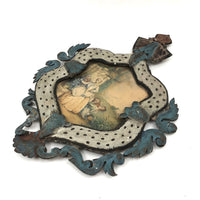 SOLD Unusual Antique Painted Tinwork Frame with Continental Watercolor Drawing