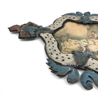 SOLD Unusual Antique Painted Tinwork Frame with Continental Watercolor Drawing