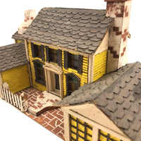 Elaborate Wood and Cardboard Folk Art Yellow House with Garage
