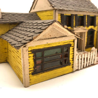 Elaborate Wood and Cardboard Folk Art Yellow House with Garage