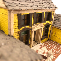 Elaborate Wood and Cardboard Folk Art Yellow House with Garage