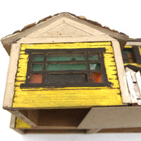 Elaborate Wood and Cardboard Folk Art Yellow House with Garage