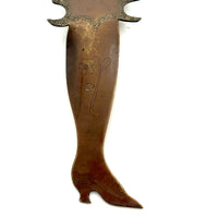 SOLD Brass Ladies Leg Presumed Trench Art Shoe Horn with Garter and Engraved Details