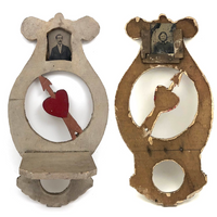 Old Folk Art Valentine Shelf with Picture Frame and Him and Her Tintypes, As Found