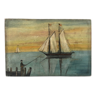 Charming Antique American Folk Art Seascape with Sailboats and Fisherman