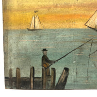 Charming Antique American Folk Art Seascape with Sailboats and Fisherman