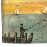 Charming Antique American Folk Art Seascape with Sailboats and Fisherman