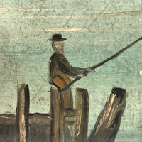 Charming Antique American Folk Art Seascape with Sailboats and Fisherman