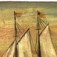 Charming Antique American Folk Art Seascape with Sailboats and Fisherman