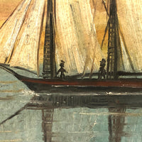 Charming Antique American Folk Art Seascape with Sailboats and Fisherman