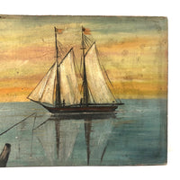 Charming Antique American Folk Art Seascape with Sailboats and Fisherman