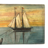 Charming Antique American Folk Art Seascape with Sailboats and Fisherman