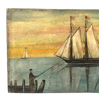 Charming Antique American Folk Art Seascape with Sailboats and Fisherman