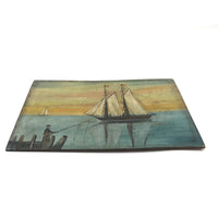 Charming Antique American Folk Art Seascape with Sailboats and Fisherman