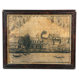 House with Delicately Detailed Porch, Barn, and Smoky Clouds, Ultra Atmospheric Mid 19th Century Sandpaper Drawing