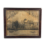 House with Delicately Detailed Porch, Barn, and Smoky Clouds, Ultra Atmospheric Mid 19th Century Sandpaper Drawing