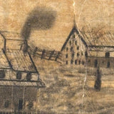 House with Delicately Detailed Porch, Barn, and Smoky Clouds, Ultra Atmospheric Mid 19th Century Sandpaper Drawing