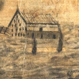 House with Delicately Detailed Porch, Barn, and Smoky Clouds, Ultra Atmospheric Mid 19th Century Sandpaper Drawing
